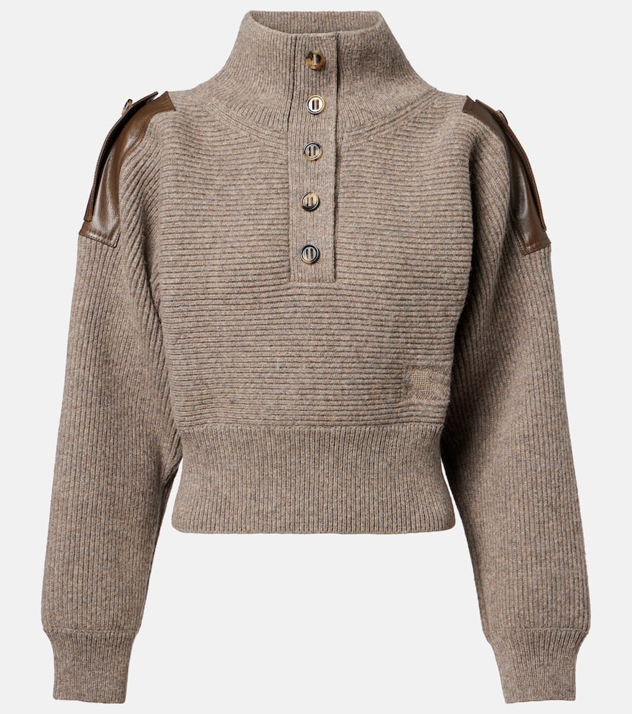 Burberry Cropped Leather-trimmed Wool-blend Sweater In Brown