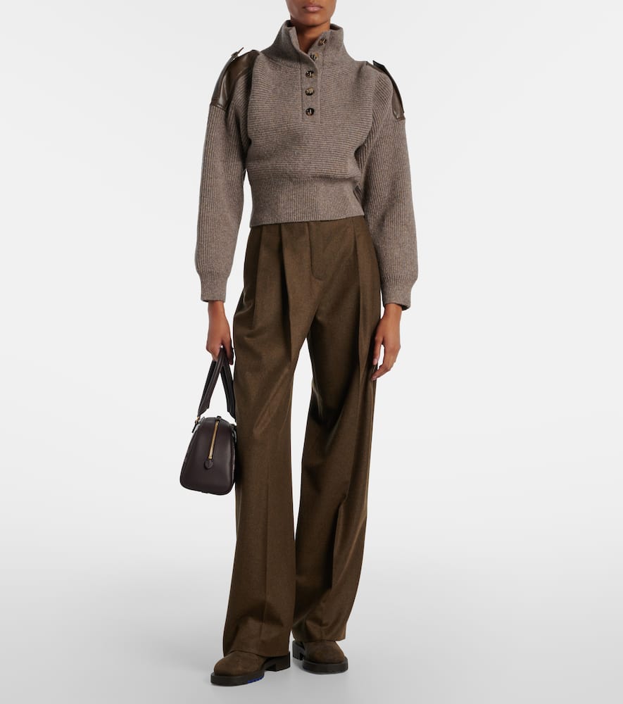 Burberry Cropped Leather-trimmed Wool-blend Sweater In Brown