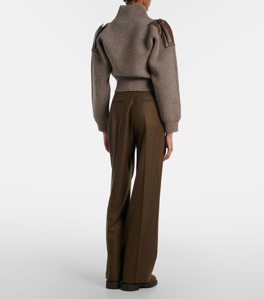 Burberry Cropped Leather-trimmed Wool-blend Sweater In Brown