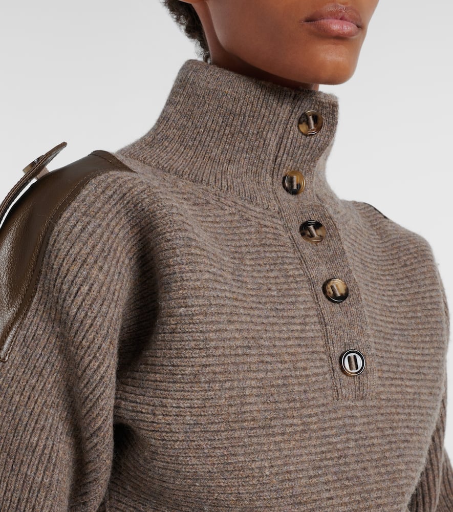 Burberry Cropped Leather-trimmed Wool-blend Sweater In Brown
