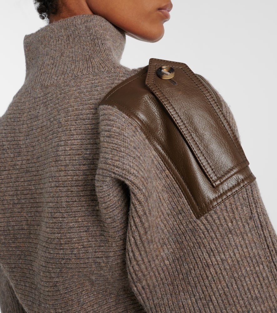 Burberry Cropped Leather-trimmed Wool-blend Sweater In Brown