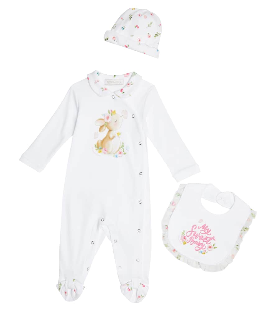 Monnalisa Baby cotton onesie, bib and hat set