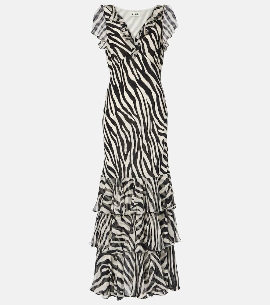 Amelle zebra-print ruffled silk maxi dress