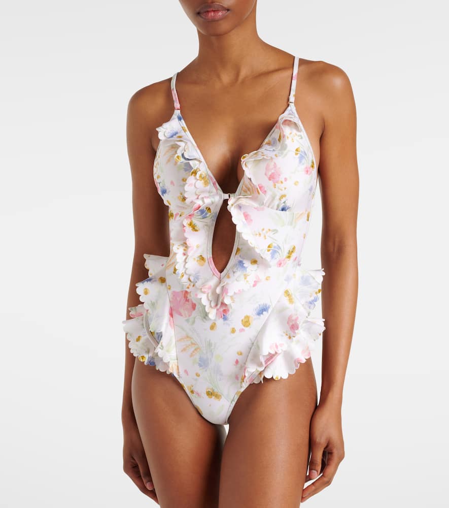 Zimmermann Multicolour Floral Swimsuit With Ruffled Edges And Adjustable Ties In Multi
