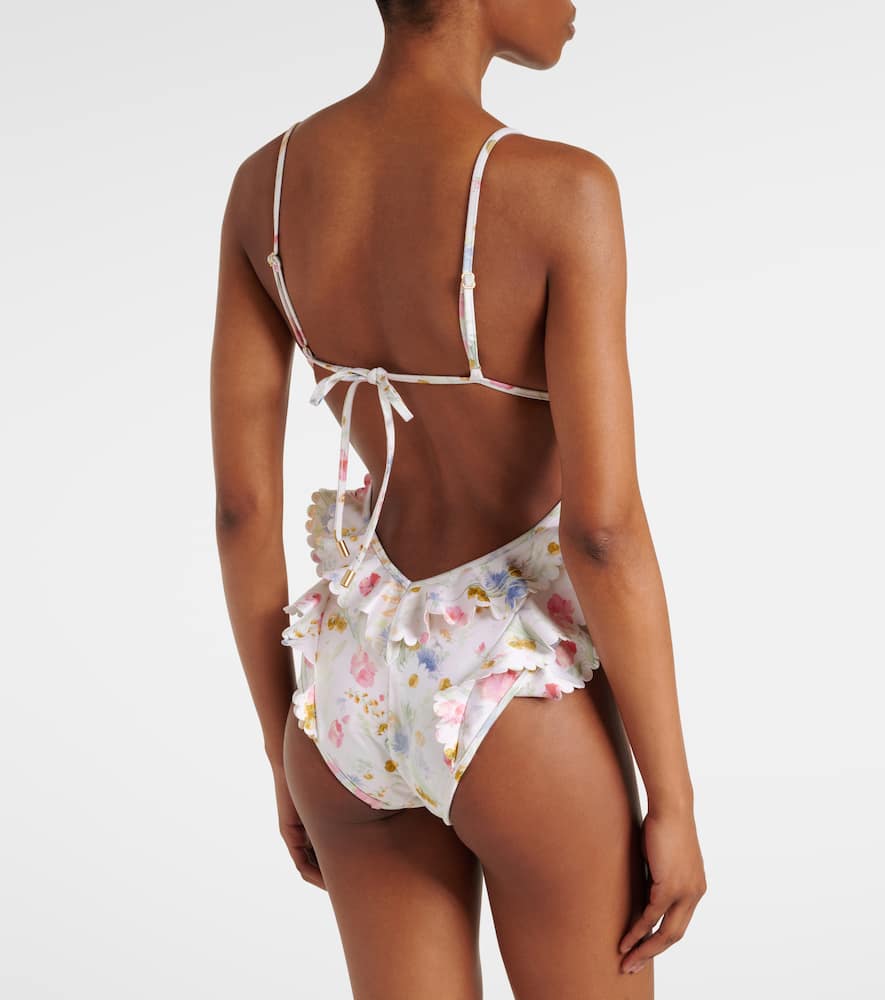 Zimmermann Multicolour Floral Swimsuit With Ruffled Edges And Adjustable Ties In Multi