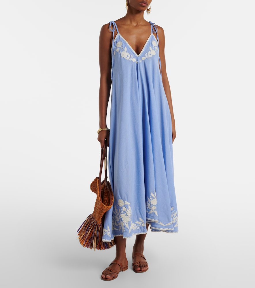 Juliet Dunn Embroidered cotton and linen chambray midi dress