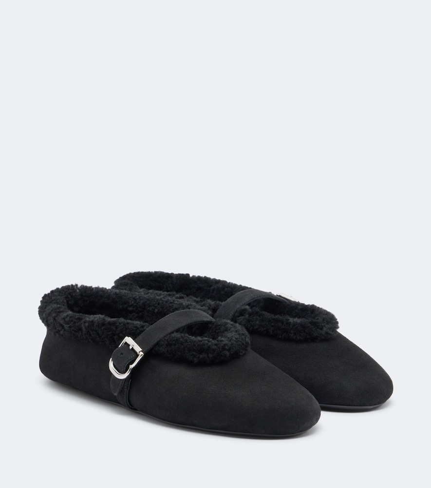 Alaïa Shearling-Trimmed Suede Mary Jane Flats