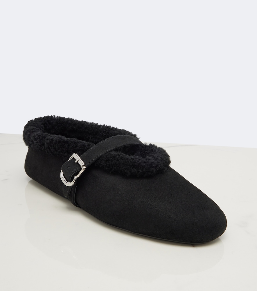 Alaïa Shearling-Trimmed Suede Mary Jane Flats