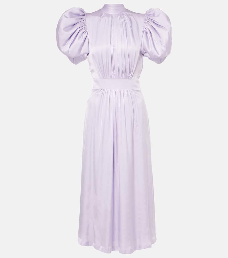 Puff-sleeve satin midi dress
