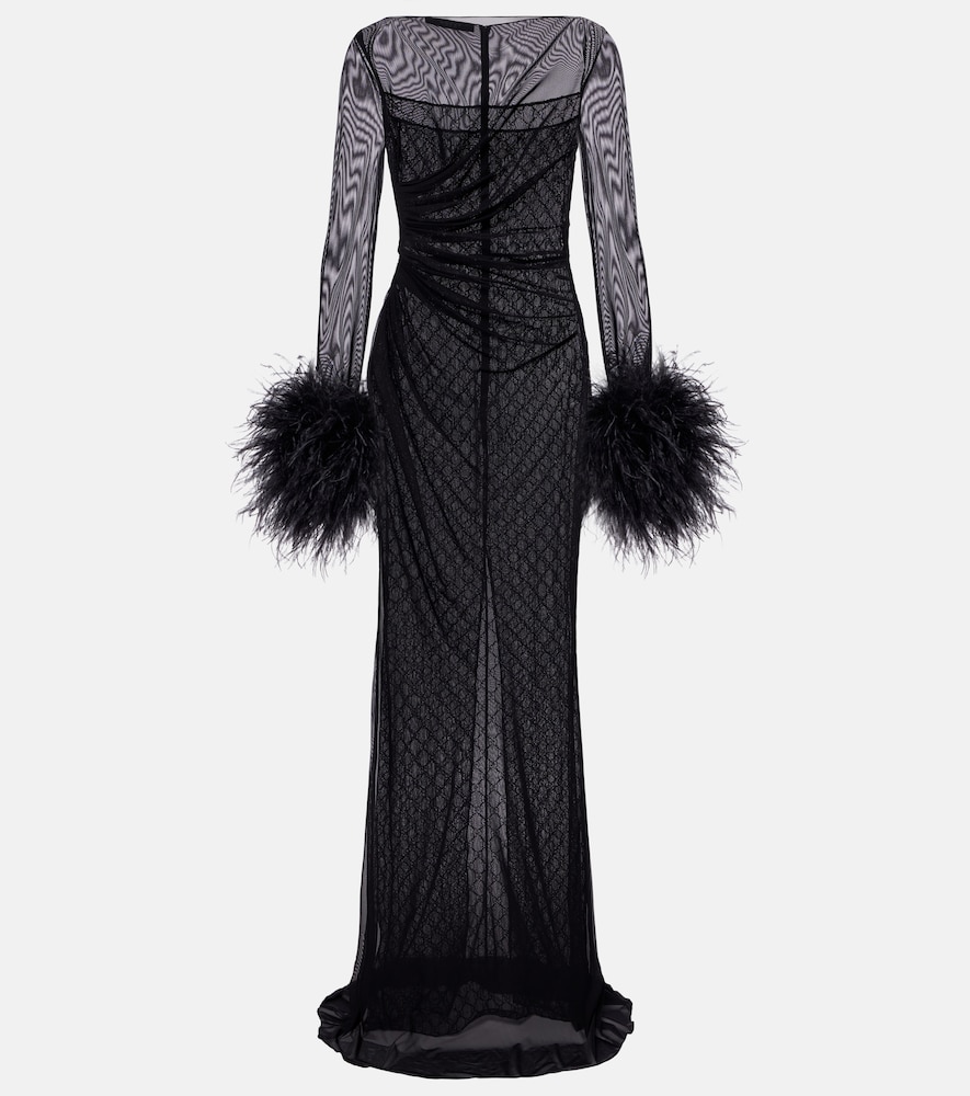Gucci GG feather-trimmed sheer gown