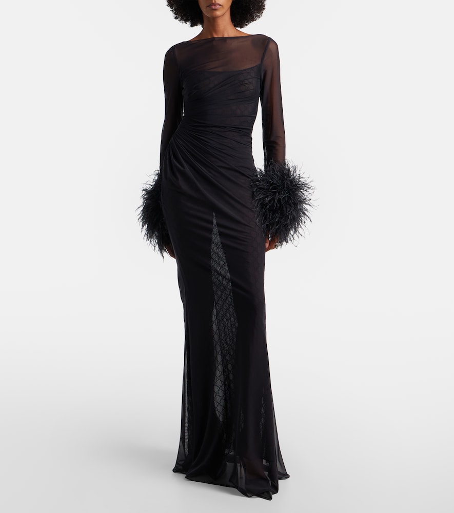  Gucci Gucci Gg Feather-trimmed Sheer Gown 