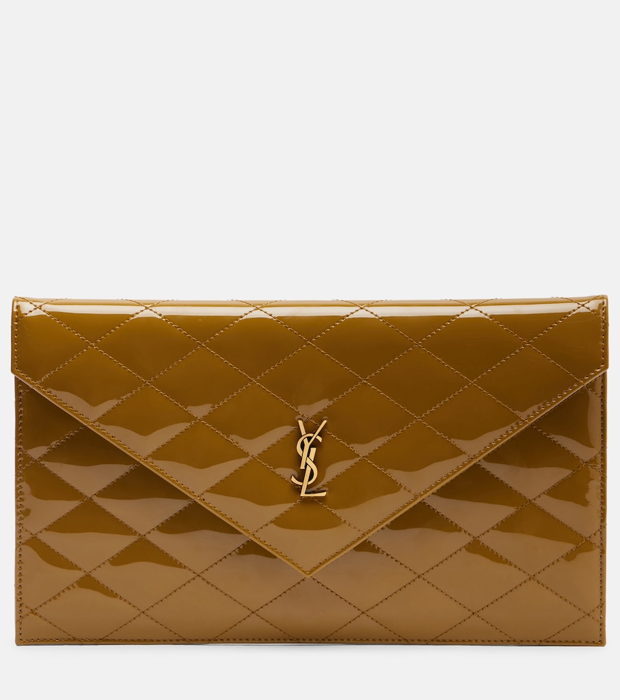 Saint Laurent Paris Quilted Patent Leather Pouch In Brown