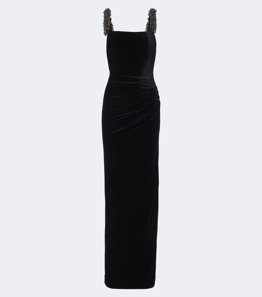 Self-portrait Draped Embellished Velvet Gown In Black