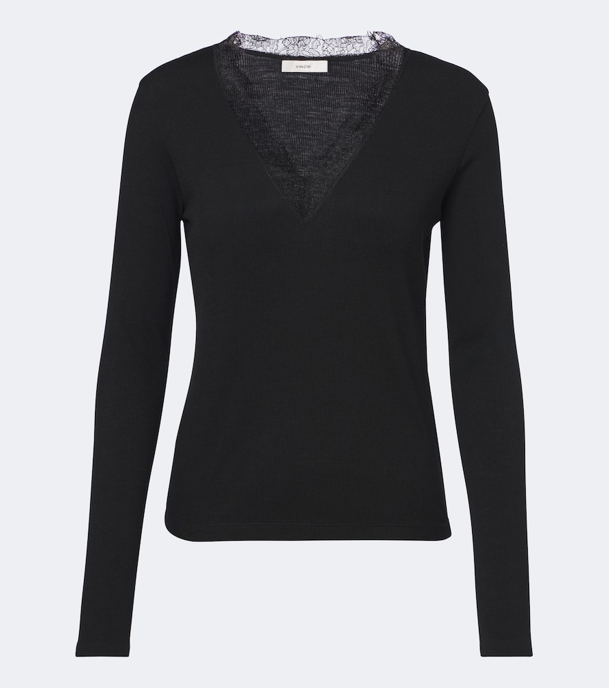 Top in maglia a coste con pizzo