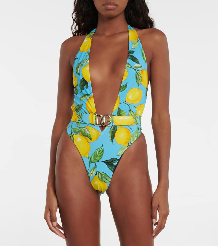 Dolce & Gabbana Printed Halterneck Swimsuit In Limoni Fdo Azzurro
