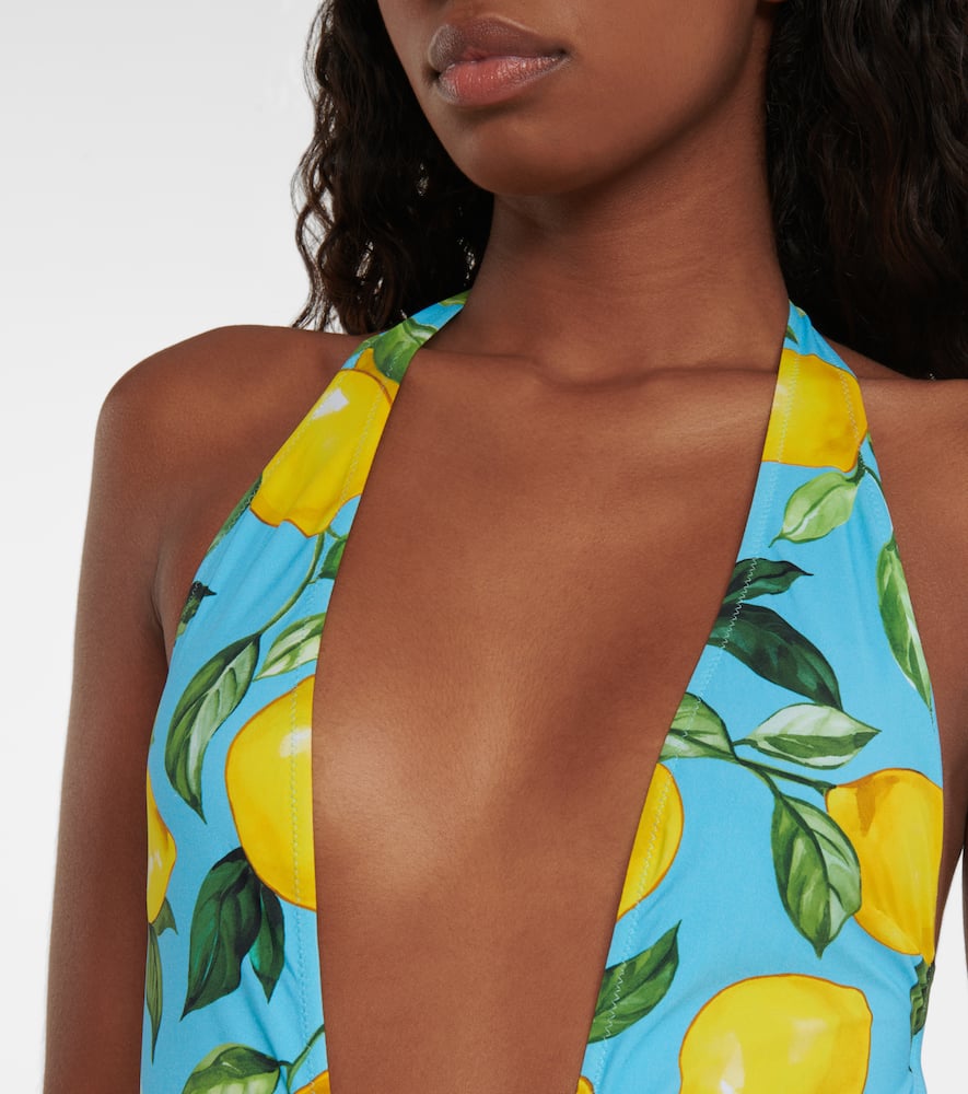 Dolce & Gabbana Printed Halterneck Swimsuit In Limoni Fdo Azzurro