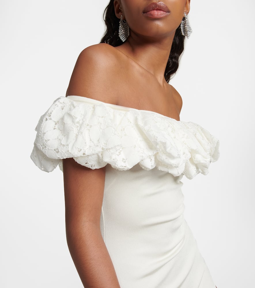 Alexandre Vauthier Lace-ruffle Off-the-shoulder Knitted Mini Dress In Off-white
