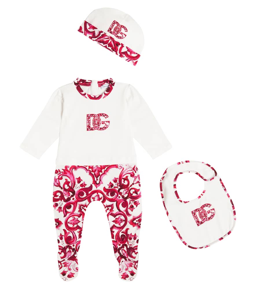 Dolce & Gabbana Baby Majolica Onesie, Bib, And Beanie Set In Pink