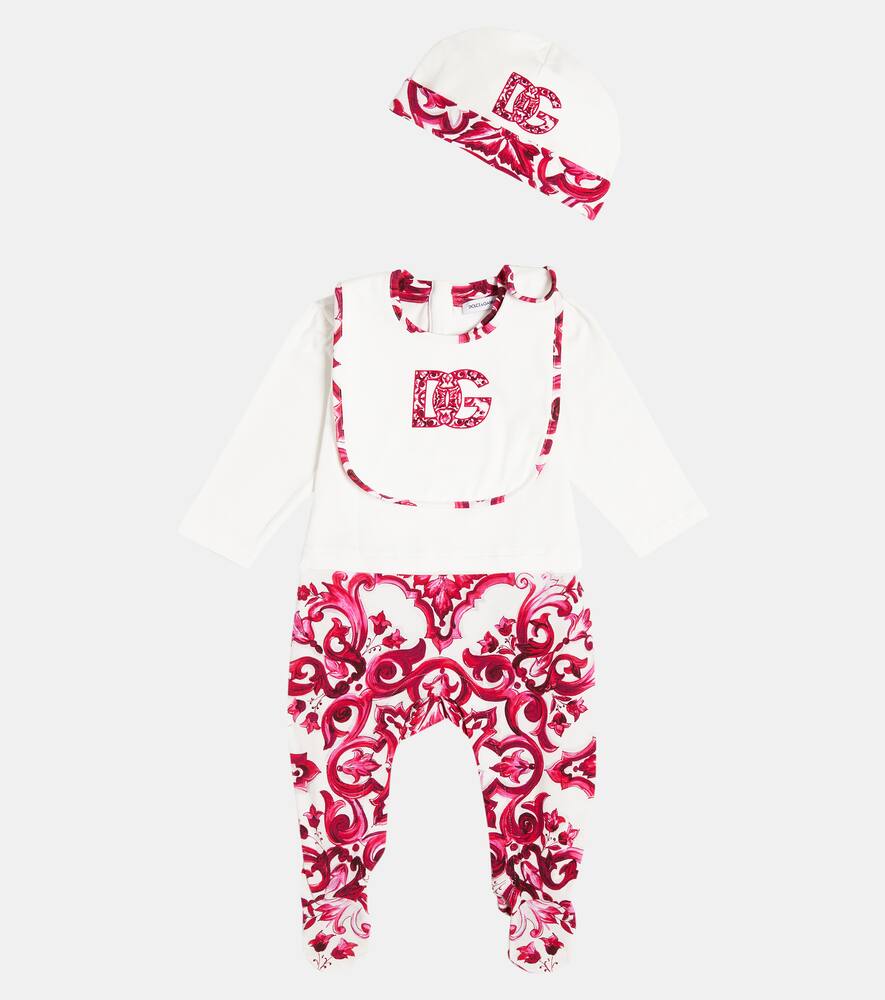Dolce & Gabbana Baby Majolica Onesie, Bib, And Beanie Set In Pink