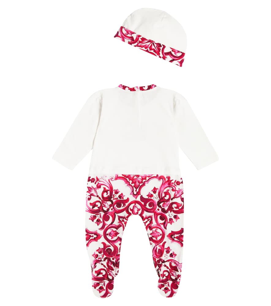Dolce & Gabbana Baby Majolica Onesie, Bib, And Beanie Set In Pink