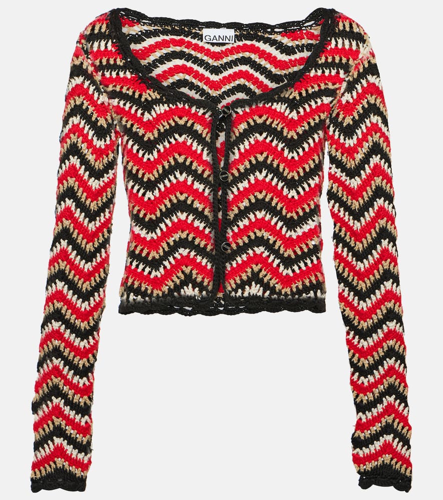 Ganni Red Crochet Cardigan In Multicoloured