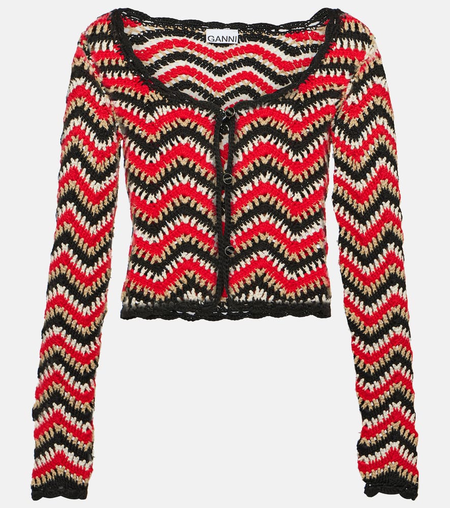 Shop Ganni Crochet Cropped Cotton Cardigan In Multicoloured