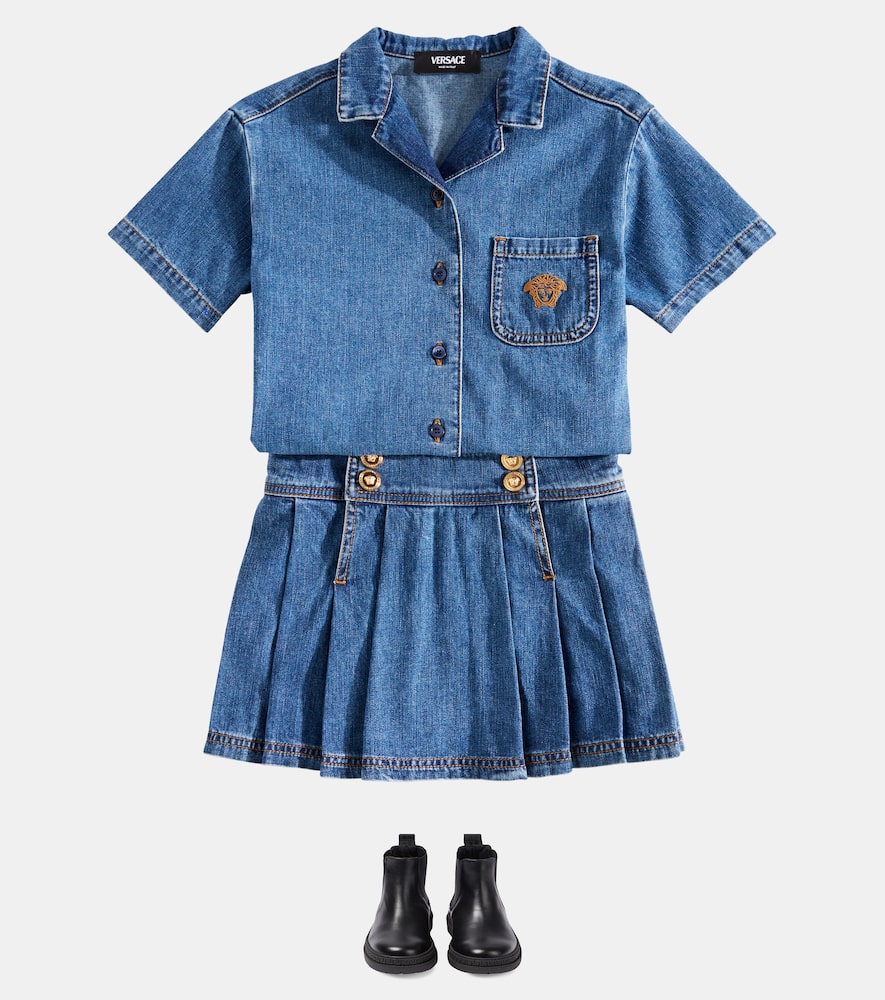 Versace Pleated Denim Skirt In Blue