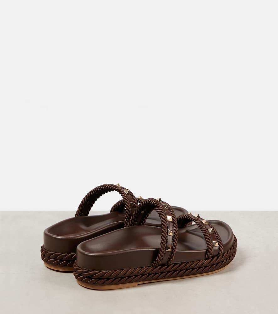 Valentino Rockstud Rope-trimmed Studded Leather Platform Slides In Braun