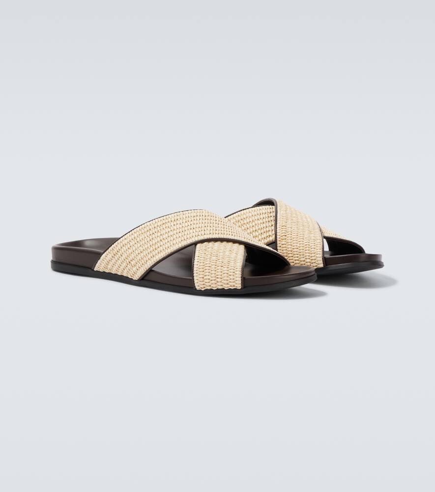 Shop Manolo Blahnik Chiltern Leather-trimmed Raffia Slides In Green