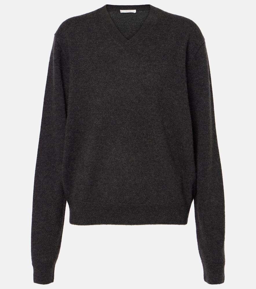 The Row Isadora V-neck Cashmere Sweater With Ribbed Cuffs In Grey