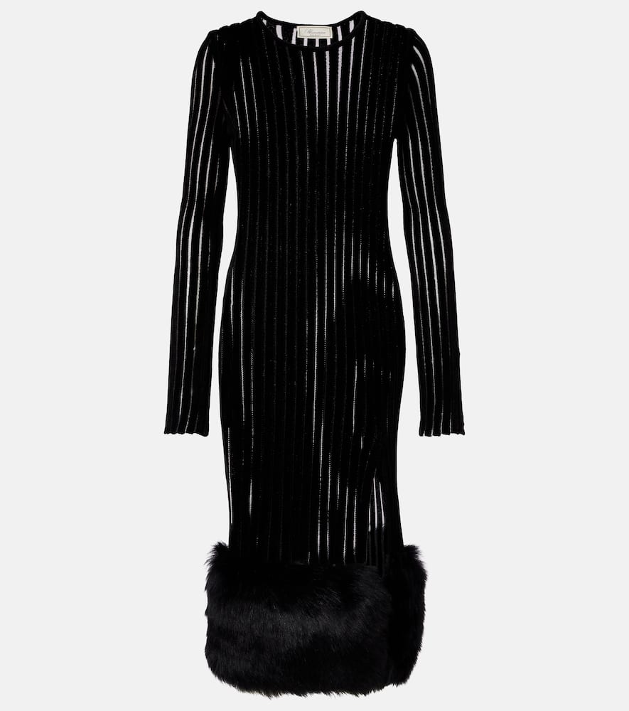 Blumarine Knit Faux Fur-trimmed Midi Dress In Black