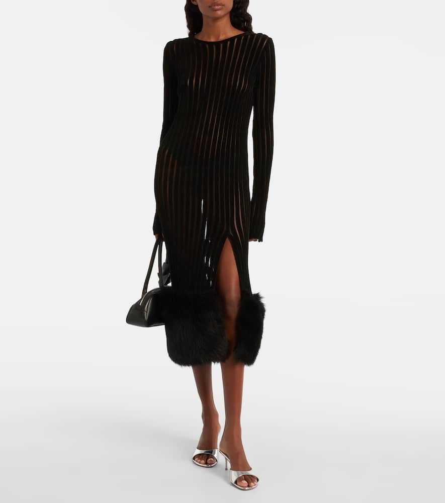 Blumarine Knit Faux Fur-trimmed Midi Dress In Black