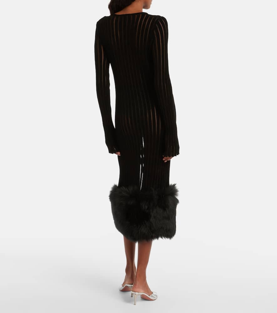 Blumarine Knit Faux Fur-trimmed Midi Dress In Black