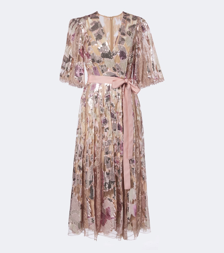 Elie Saab Sequined Silk-blend Lace Wrap Dress In Rosa