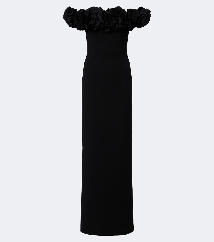 Rebecca Vallance Odetta Floral-appliqué Off-shoulder Crêpe Gown In Black