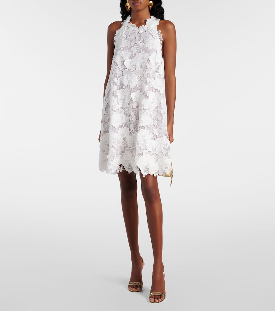 Oscar De La Renta Orchid Guipure Trapeze Halter Mini Dress In White