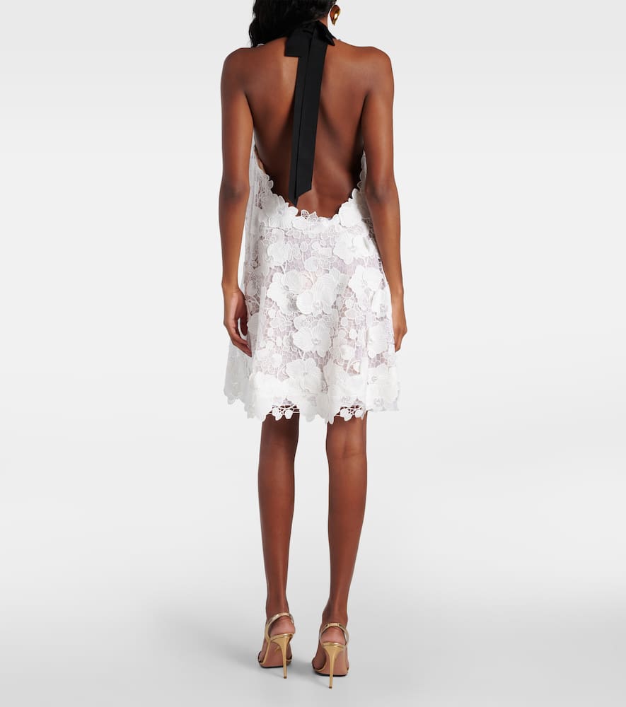 Oscar De La Renta Orchid Guipure Trapeze Halter Mini Dress In White