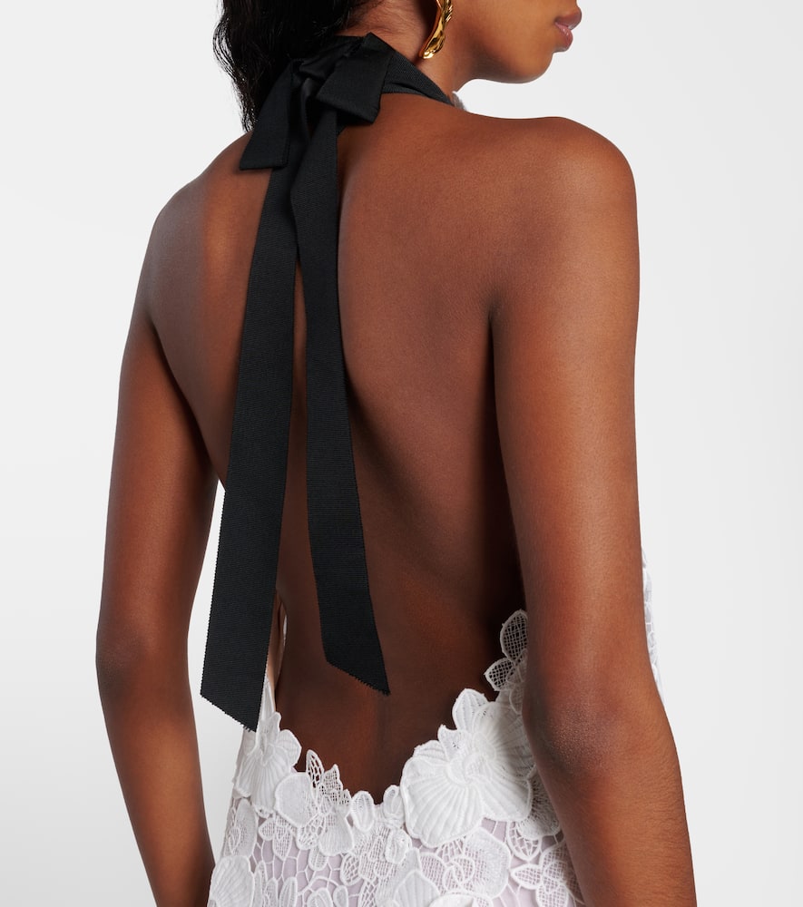 Oscar De La Renta Orchid Guipure Trapeze Halter Mini Dress In White