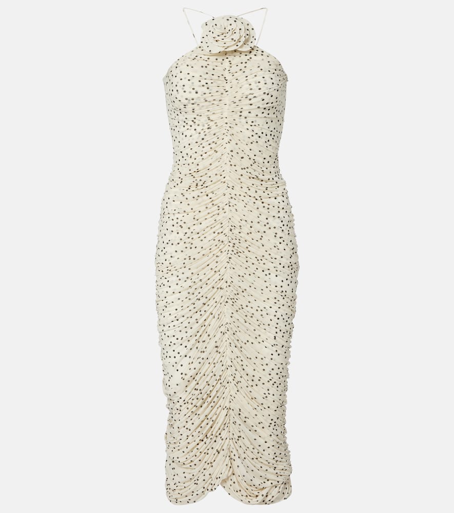 Floral-appliqué polka-dot maxi dress