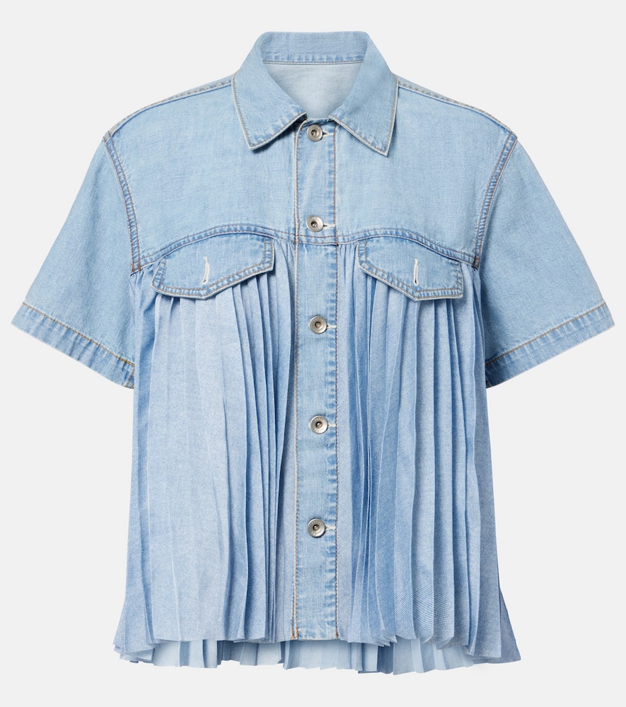 Sacai Pleated Denim Shirt In Blue