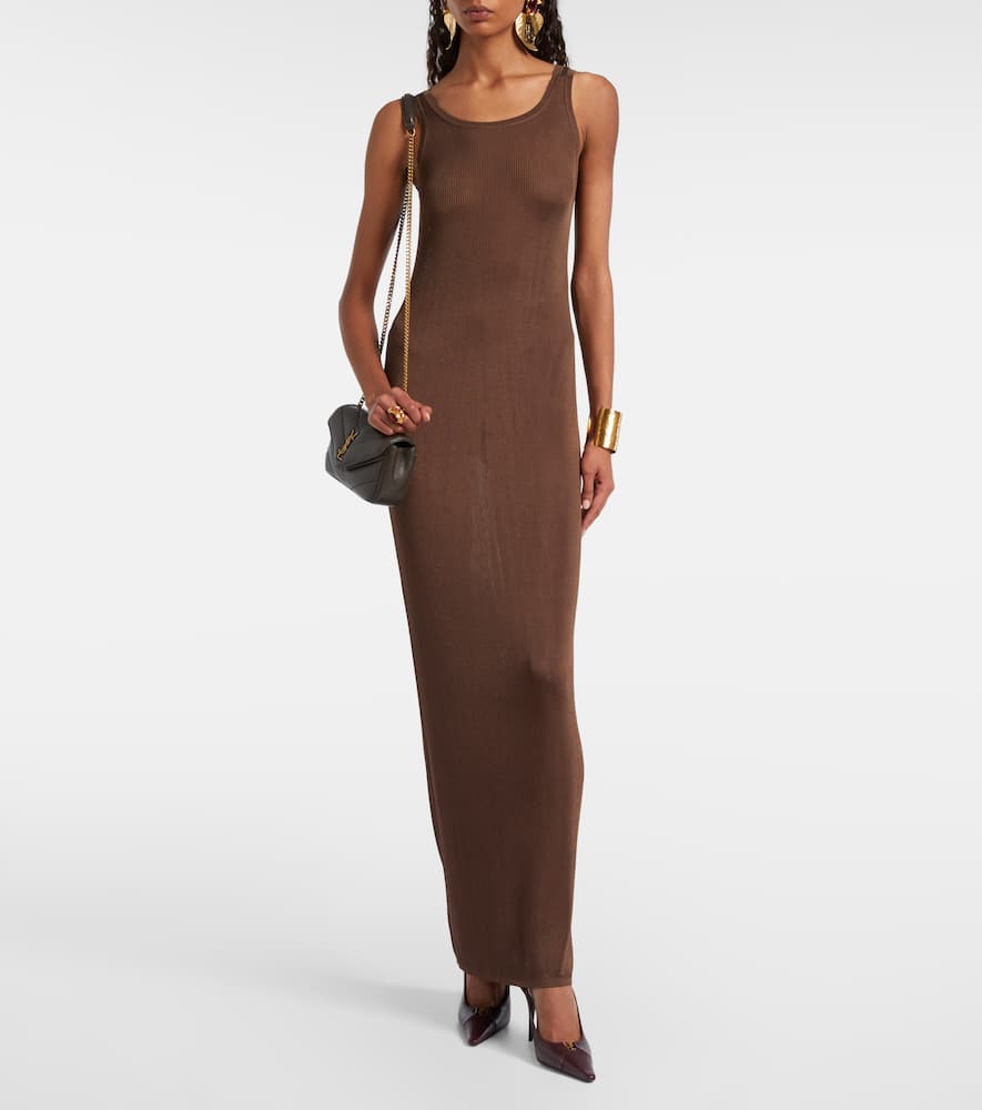 Saint Laurent Ribbed-knit Maxi Dress In Brown