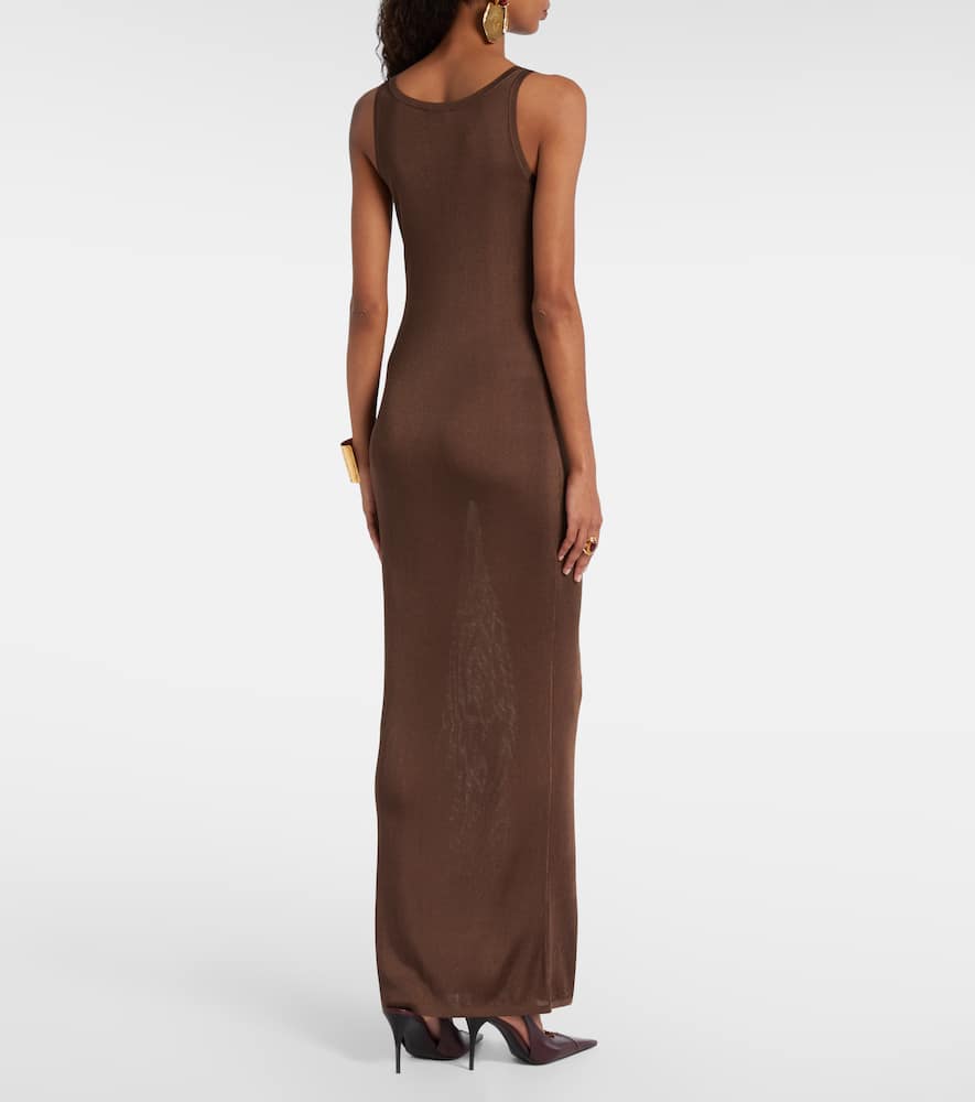 Saint Laurent Ribbed-knit Maxi Dress In Brown