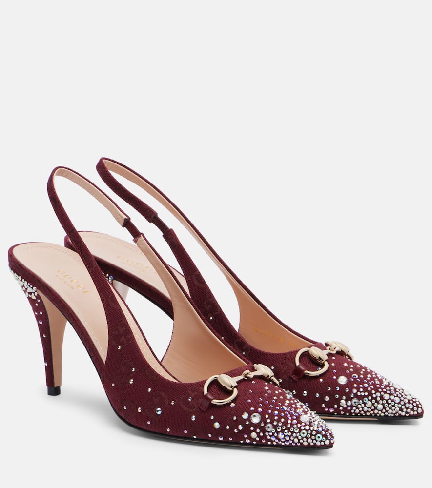 Gucci Horsebit 85 Embellished Slingback Pumps In Burgundy