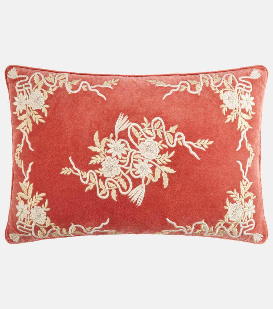 Les-ottomans Embroidered Cotton Velvet Cushion In Red
