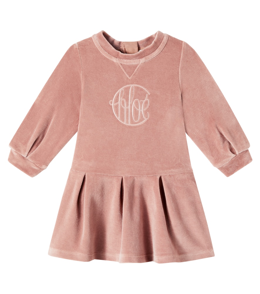 Chloé Logo Cotton Velvet Dress In Pink