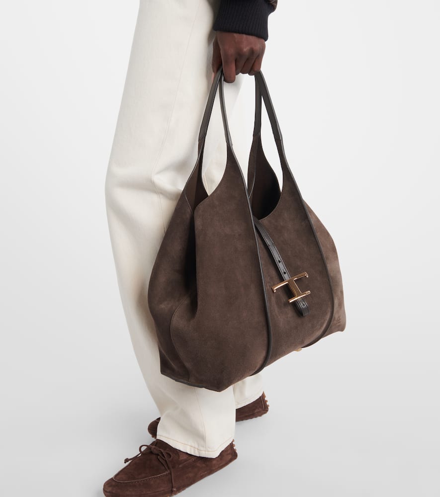 Tod's T Timeless Medium Suede Tote Bag In Brown