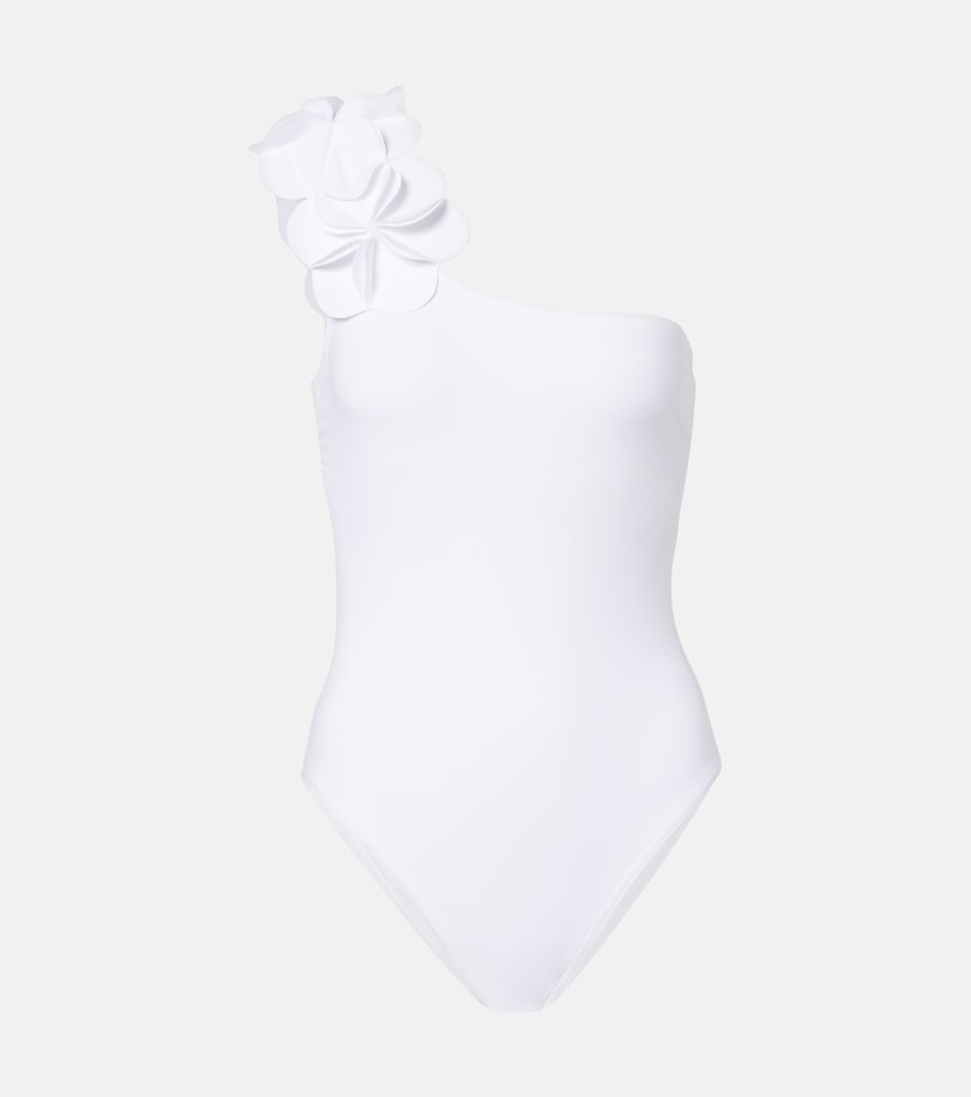 Karla Colletto Tess floral-appliqué one-shoulder swimsuit