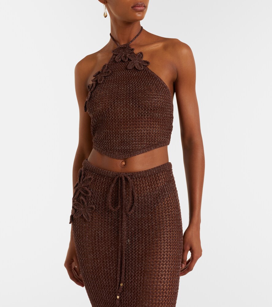 Bananhot Cori open-knit halterneck lamé crop top