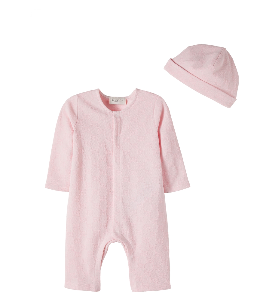 Gucci Kids Pink Baby Gg Cotton Pique Onesie And Beanie Set - Mytheresa