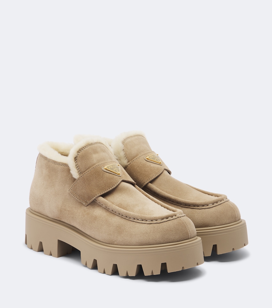 Prada Shearling-trimmed Suede Platform Ankle Boots In Beige